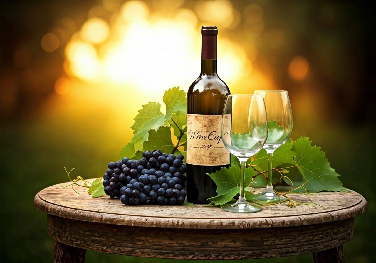 Elegant Wine Scene on a Rustic Oak Table in the Countryside