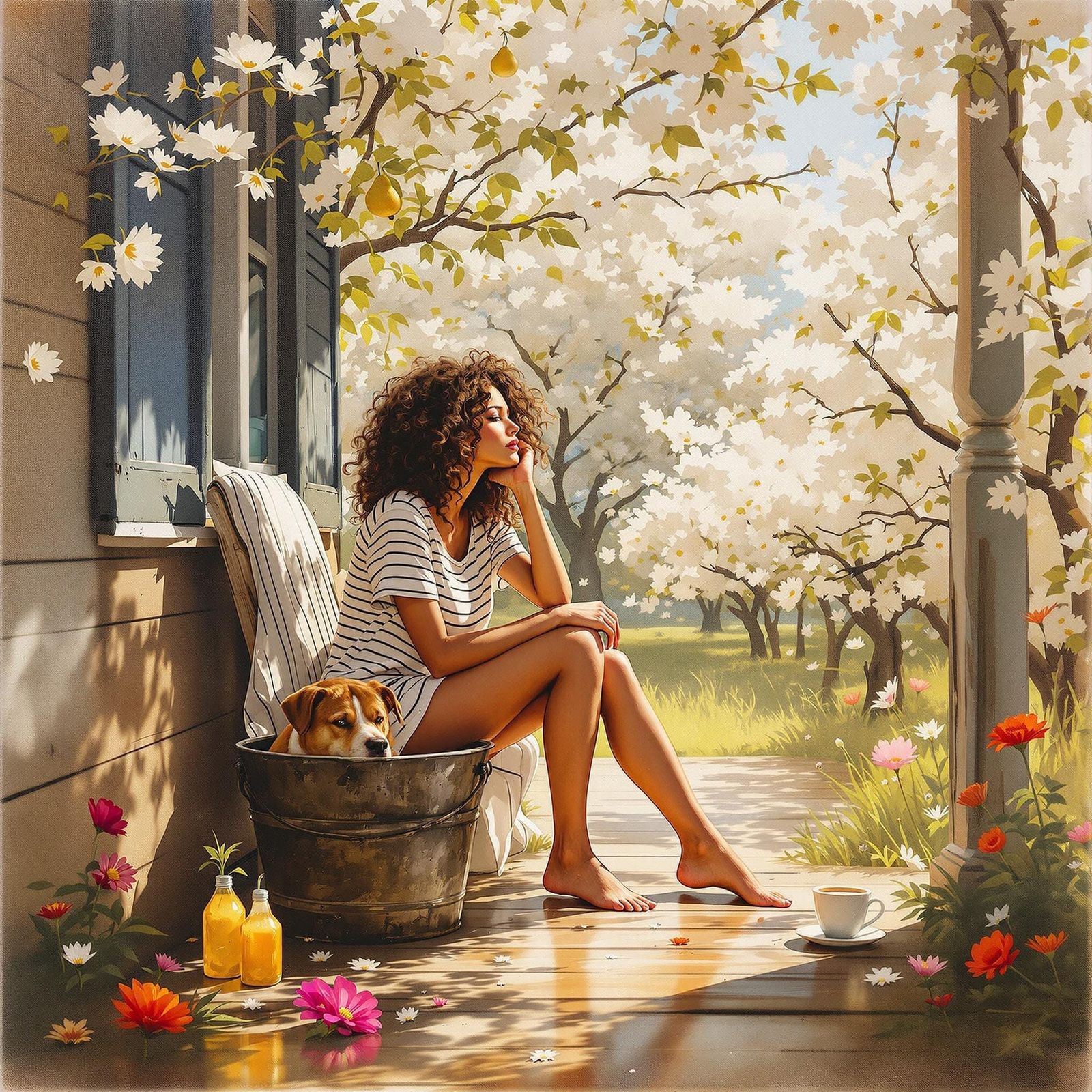 Surreal Bohemian Woman Lost in Thought on a Whimsical Porch