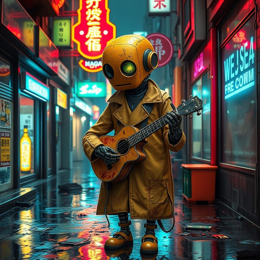 Melancholic Yellow Robot in a Rainy Alleyway, Steampunk Styl...