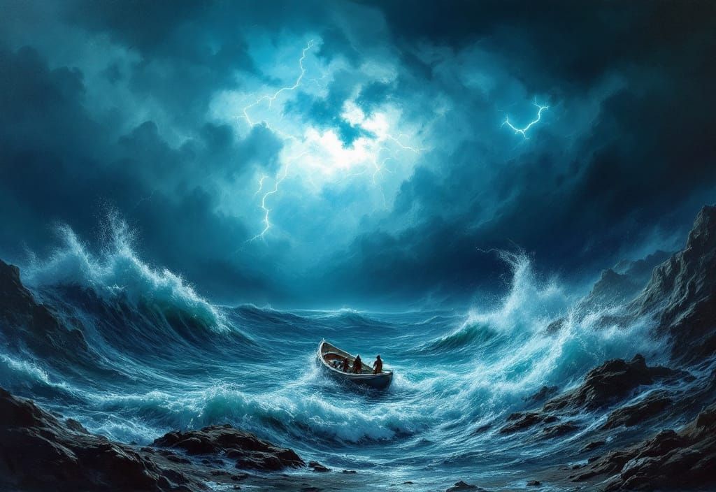 Tempestuous Sea: Boat Capsizing in an Impasto Storm