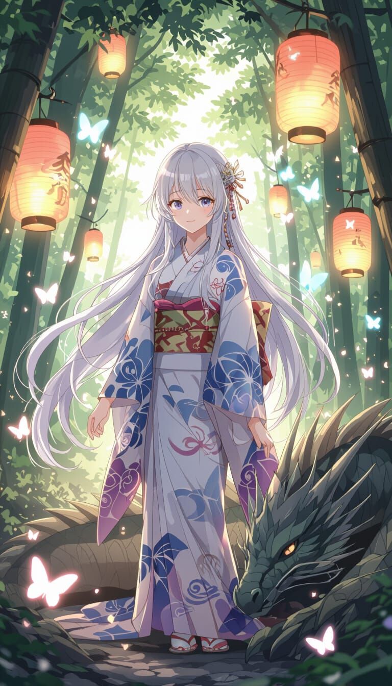 Anime Girl with Dragon in Lantern-lit Grove