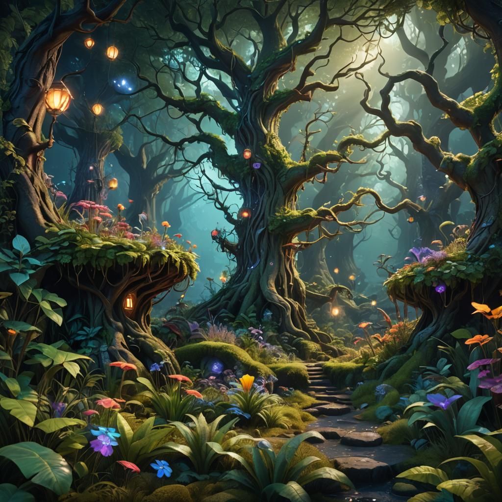 Enchanted Forest with Glowing Plants in 3D