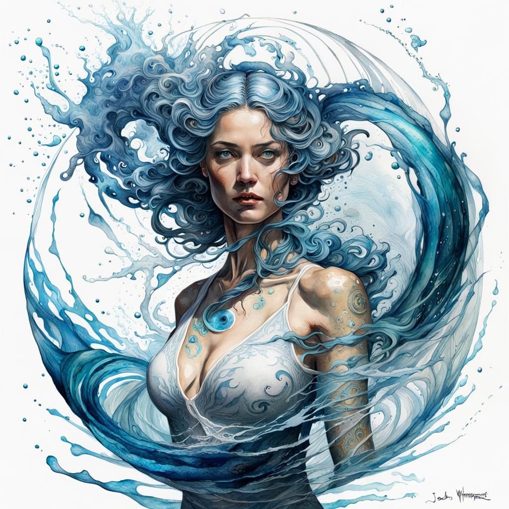 Water Elemental with Swirling Splashes in Art Nouveau Style