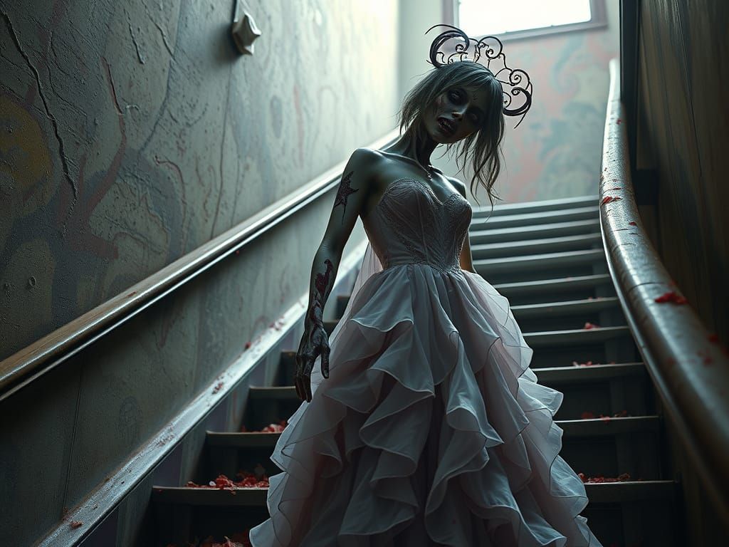 Zombie Prom Queen on Staircase in Fantasy Art Style