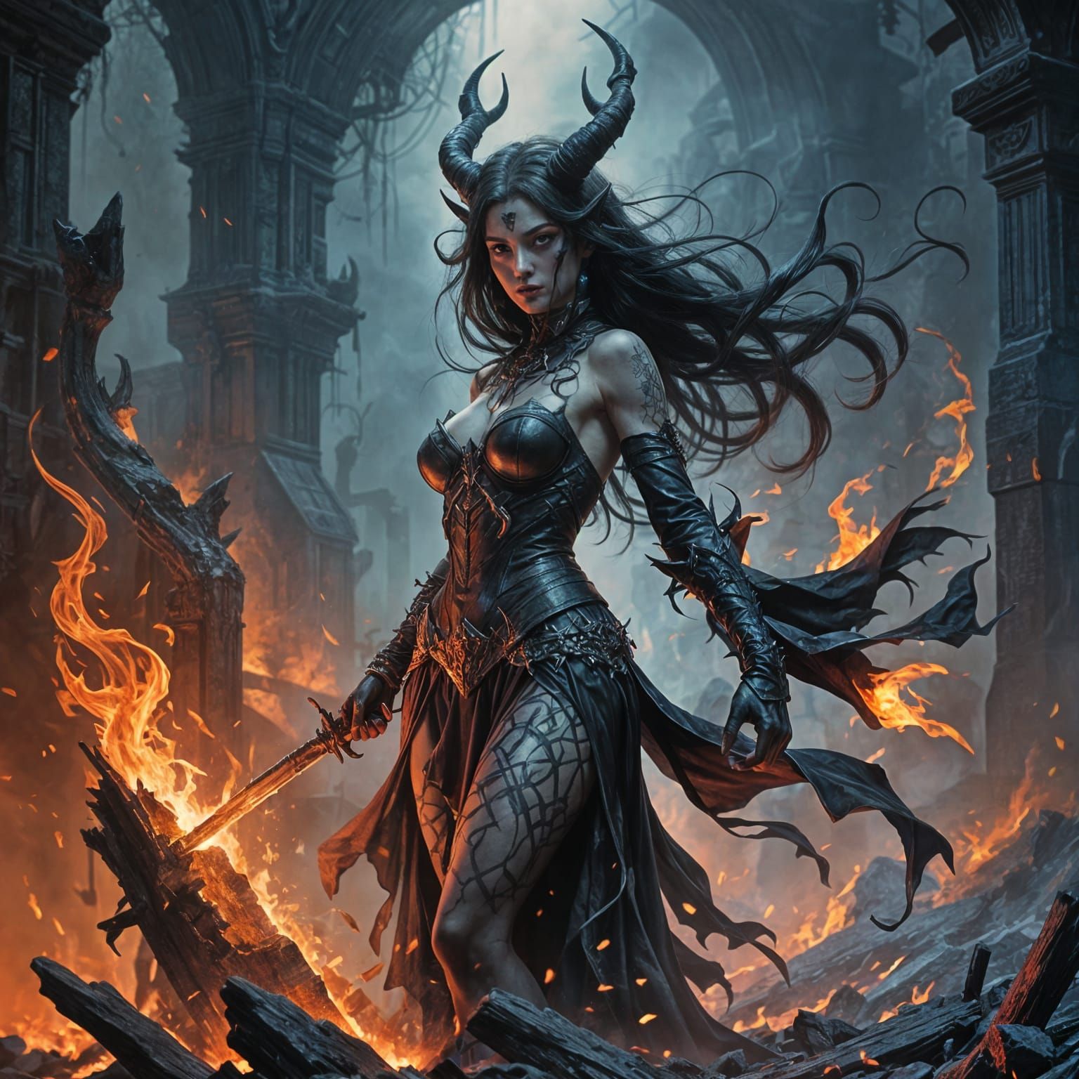 Dark Fantasy Queen with Horns of Blazing Fire