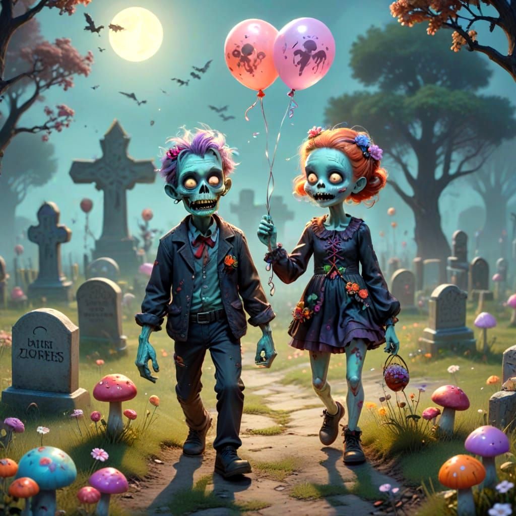 Charming Zombie Couple in Whimsical Graveyard