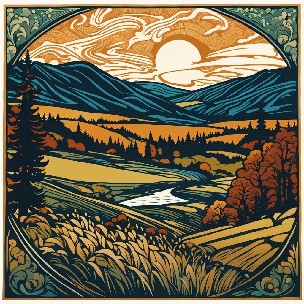 Vermont Landscape: Alphonse Mucha Woodcut Style
