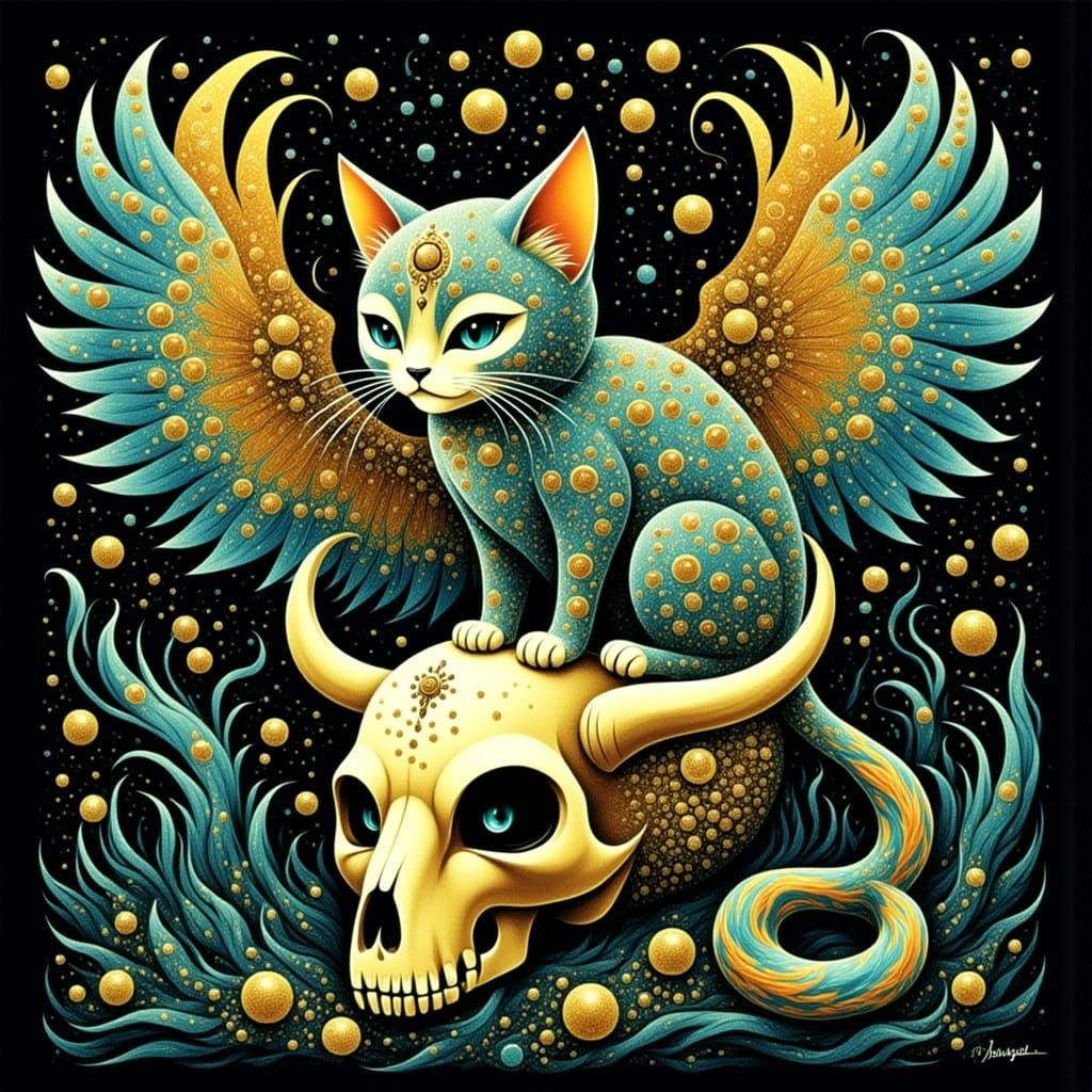 Whimsical Winged Cat on Mystical Skull