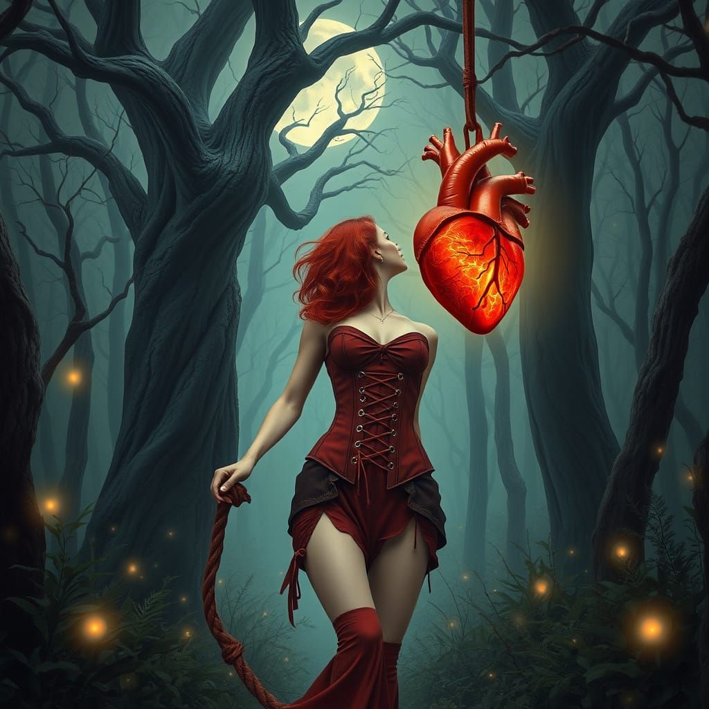 A Red-Haired Woman Guides a Glowing Heart Through the Mystic...