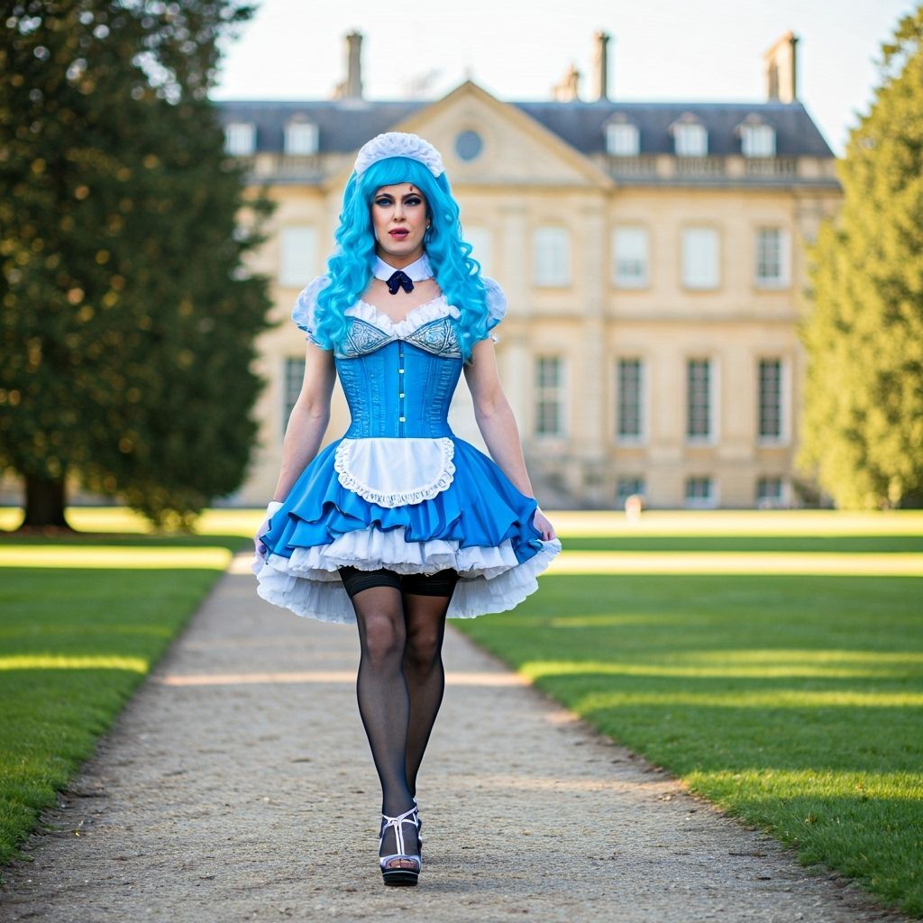 Man in Maid Outfit Walking to English House