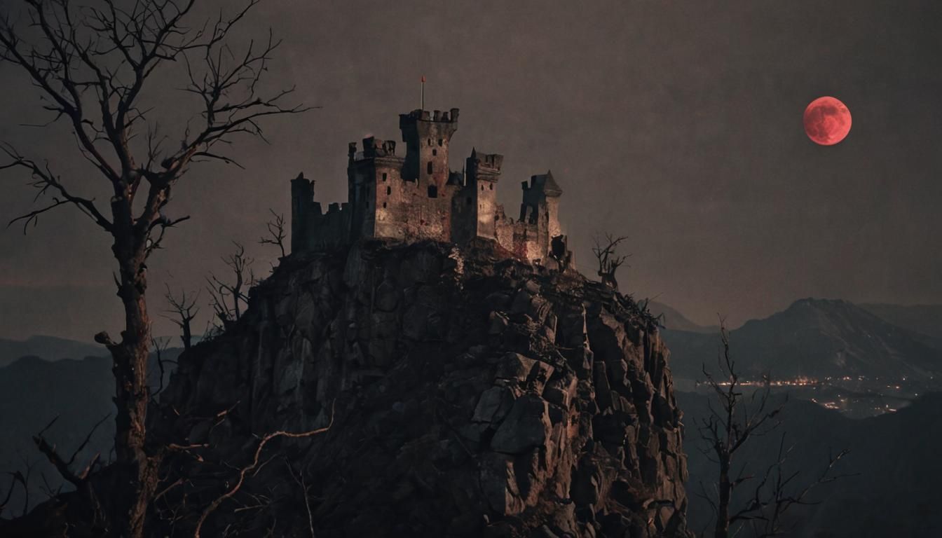 Crumbling Fortress Under a Blood-Red Moon