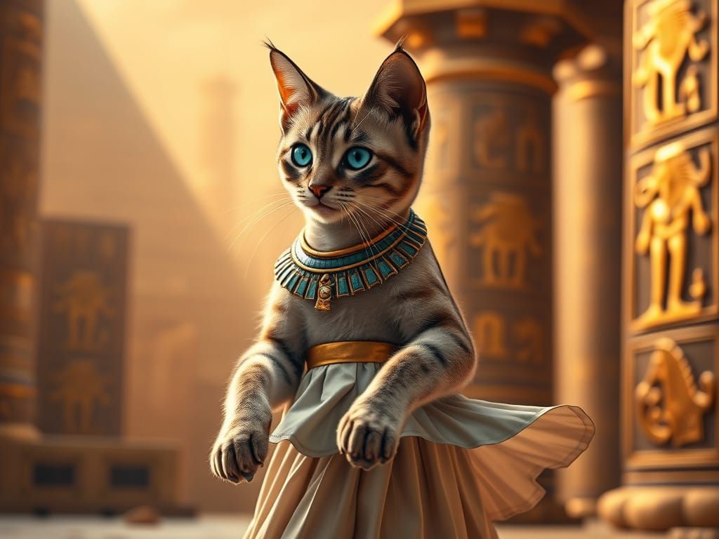 Egyptian Goddess Cat in Ancient Hieroglyphic Landscape