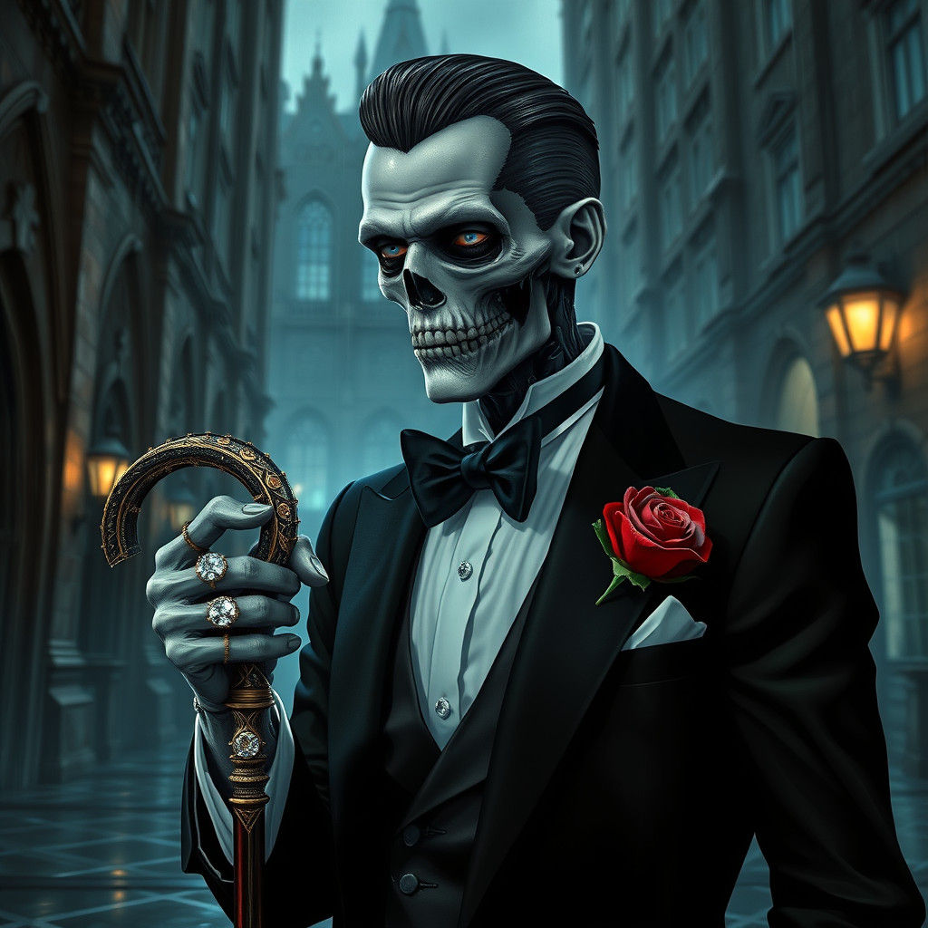 Cyberpunk Zombie Gentleman in Dystopian Metropolis