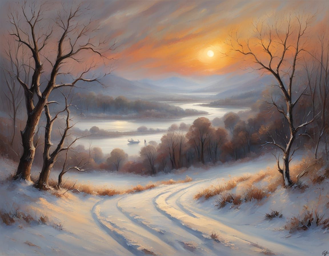 Winter Sunset Valley: An Atmospheric Oil Painting