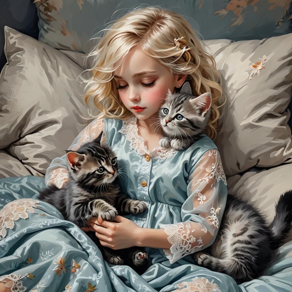 A super cute little blonde in lace pajamas and cats