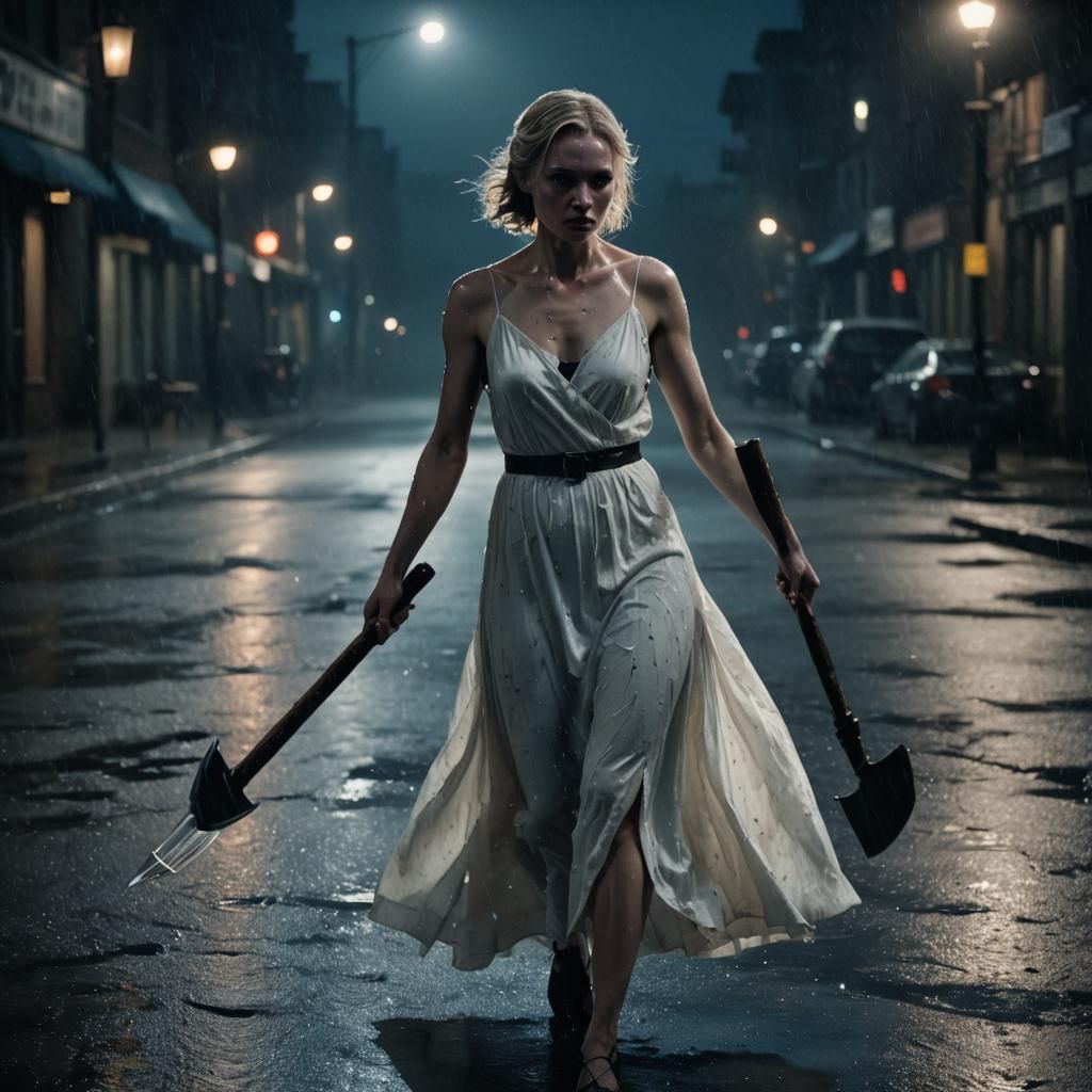 Eerie Woman with Axe on Deserted Street in Film Noir