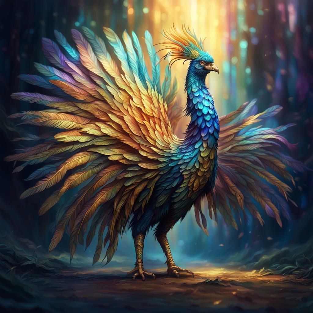 Ethereal Fantasy Figure Ruffles Vibrant Iridescent Feathers
