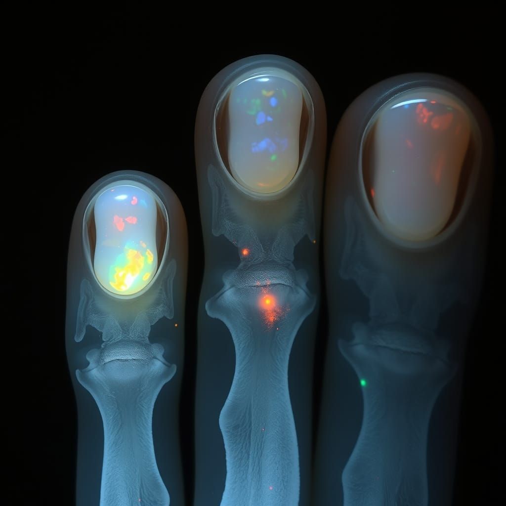 Macro X-Ray of Fingers with Opal and Pearls