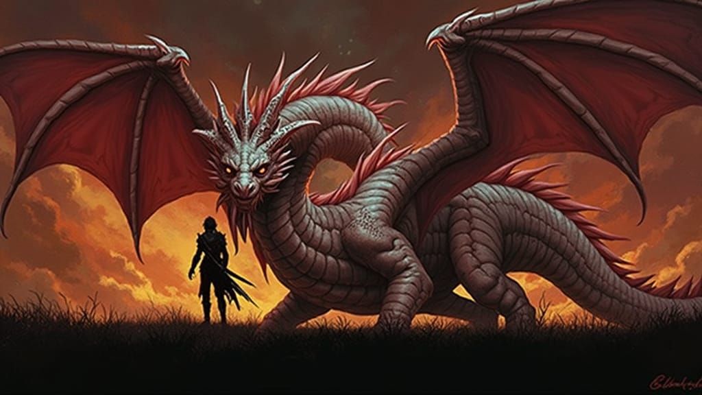 A Warrior Enveloped by a Majestic Dragon