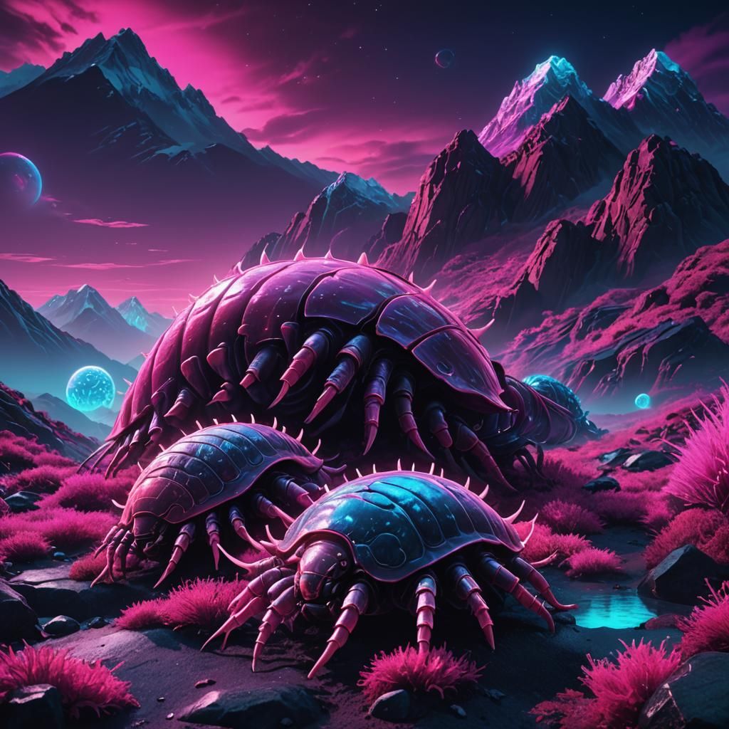 Synthwave Isopods Invade Himalayas in Neon Retro Style
