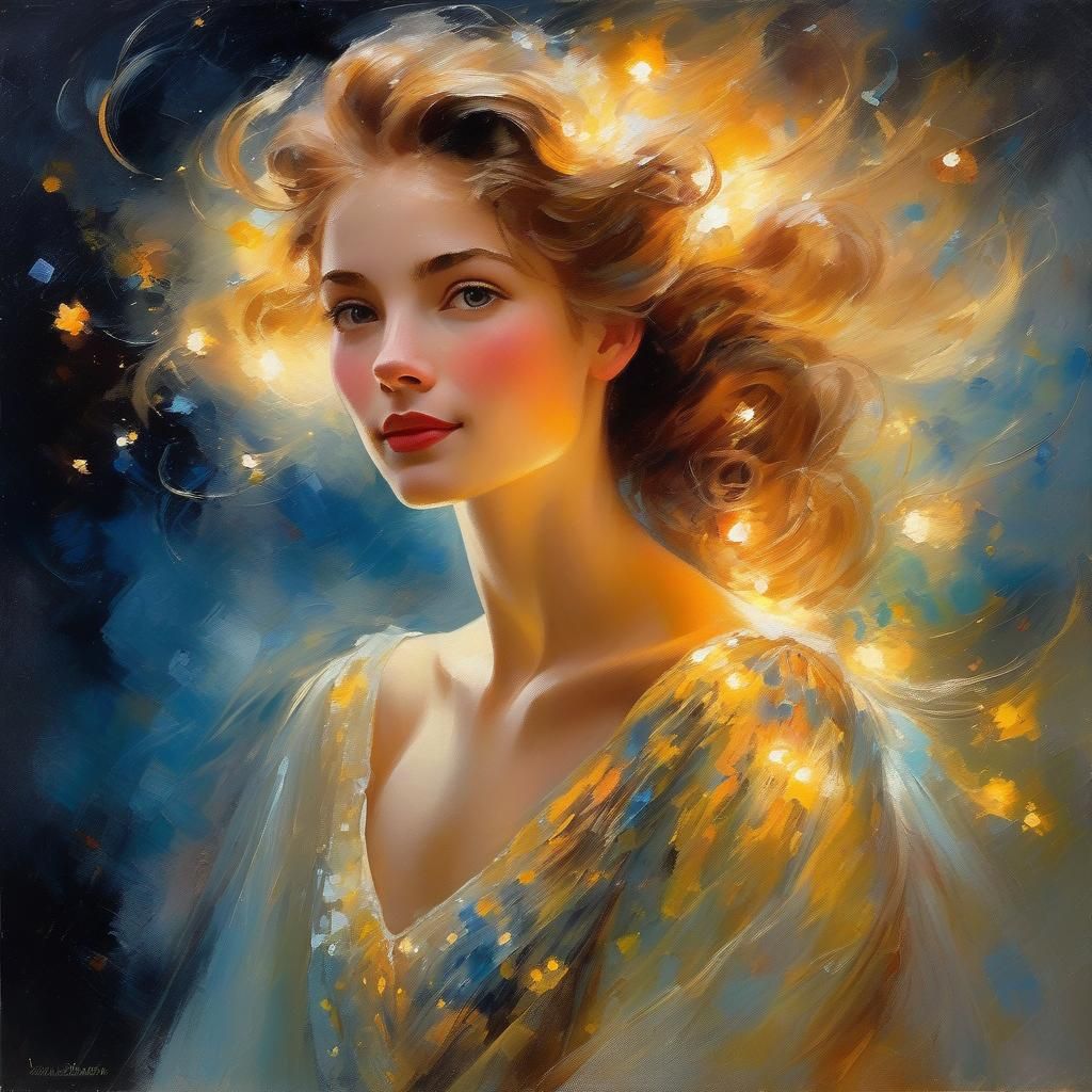 Celestial Lady in Glowing Gown, Watercolor Painting