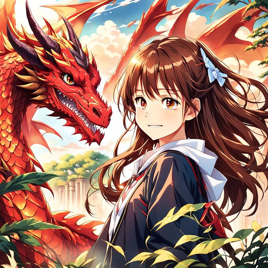 Anime Girl with Red Dragon in Moe Style