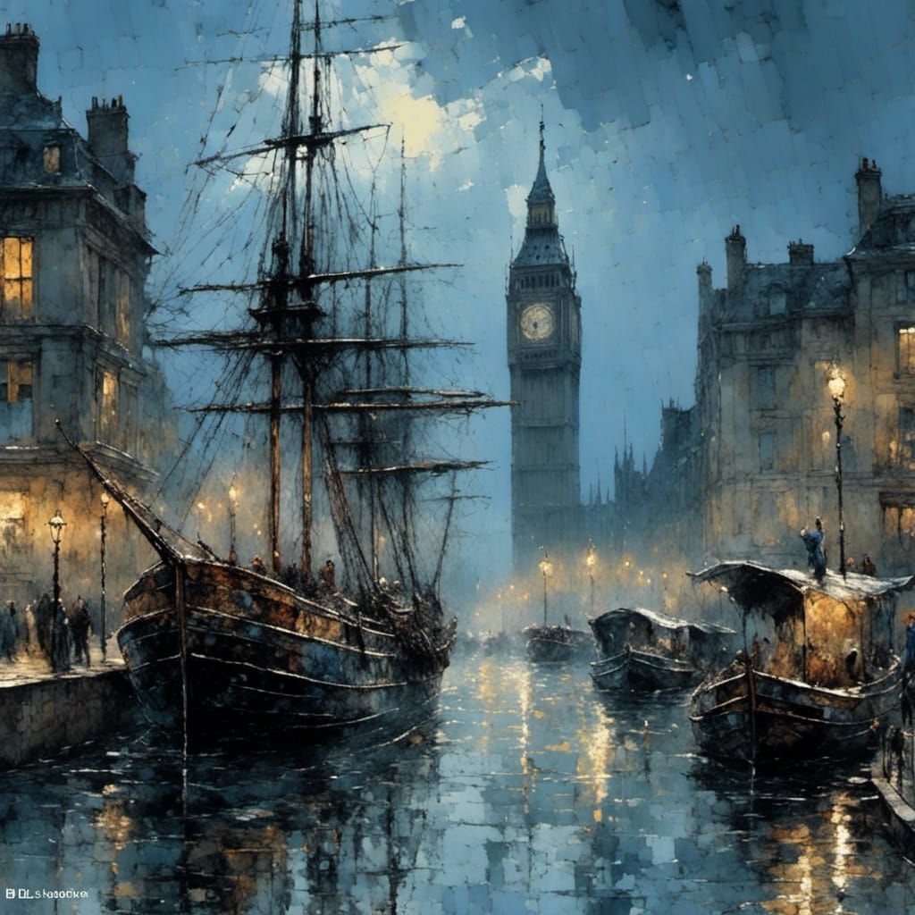 Gloomy Morning on the Thames in Batik Style