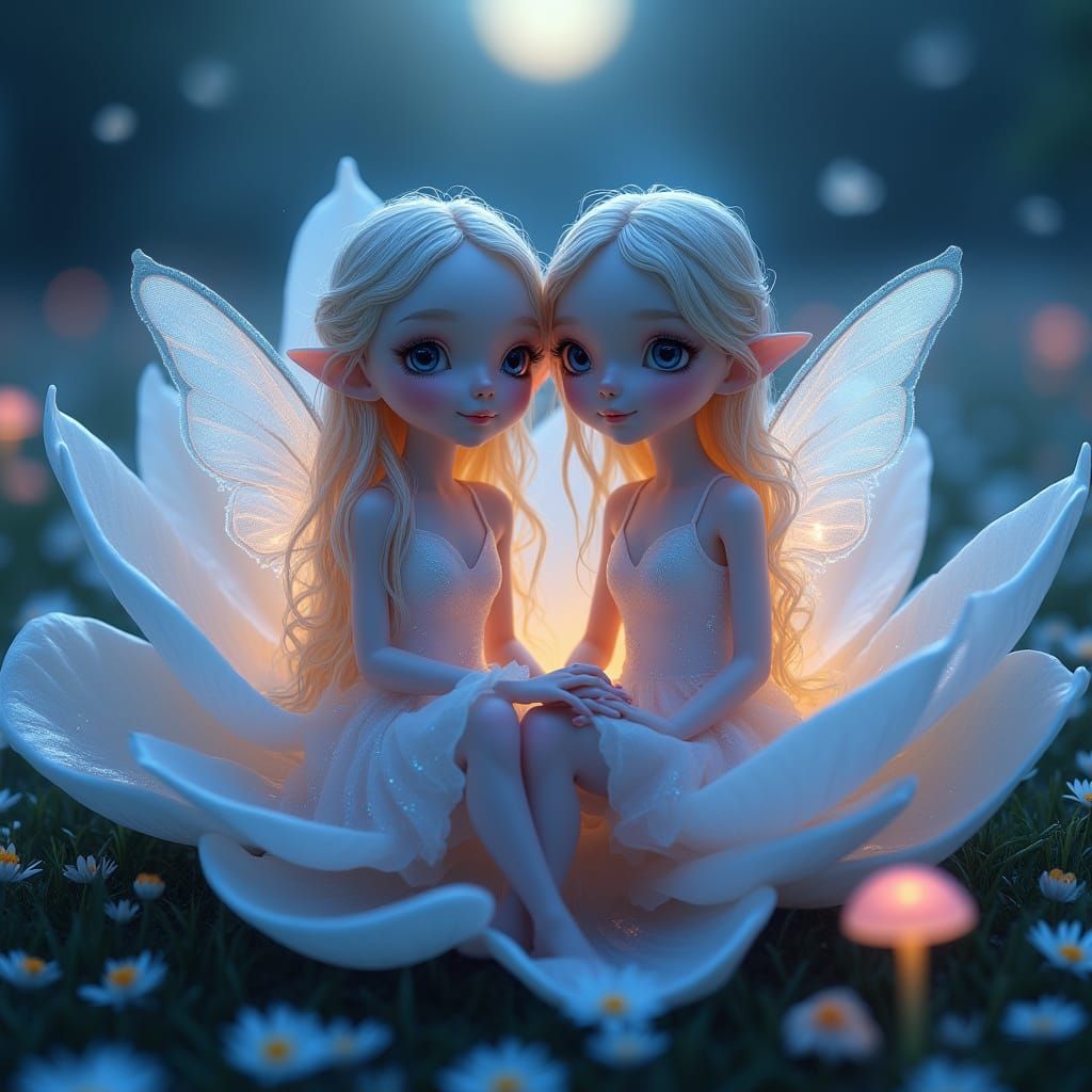 Aether Elves in Moonlit Flowers, Kawaii Art