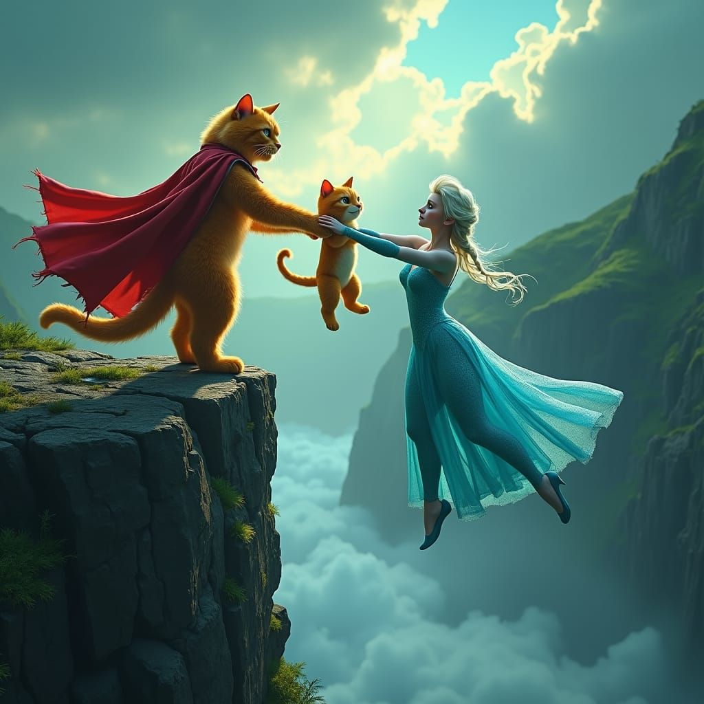Surreal Orange Cat Superman Throws Elsa off Cliff