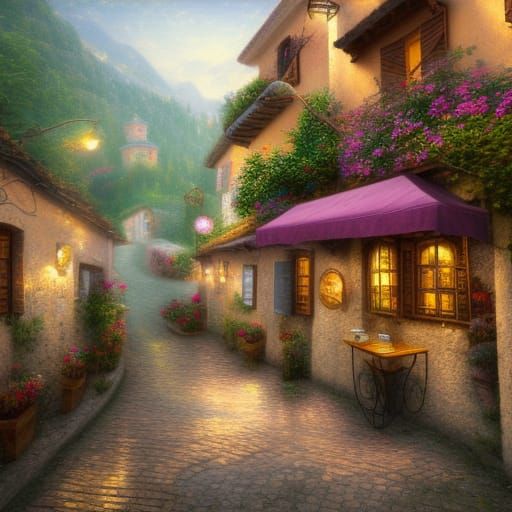 Charming Cafe on a Hill in Italy, Detailed Matte Painting