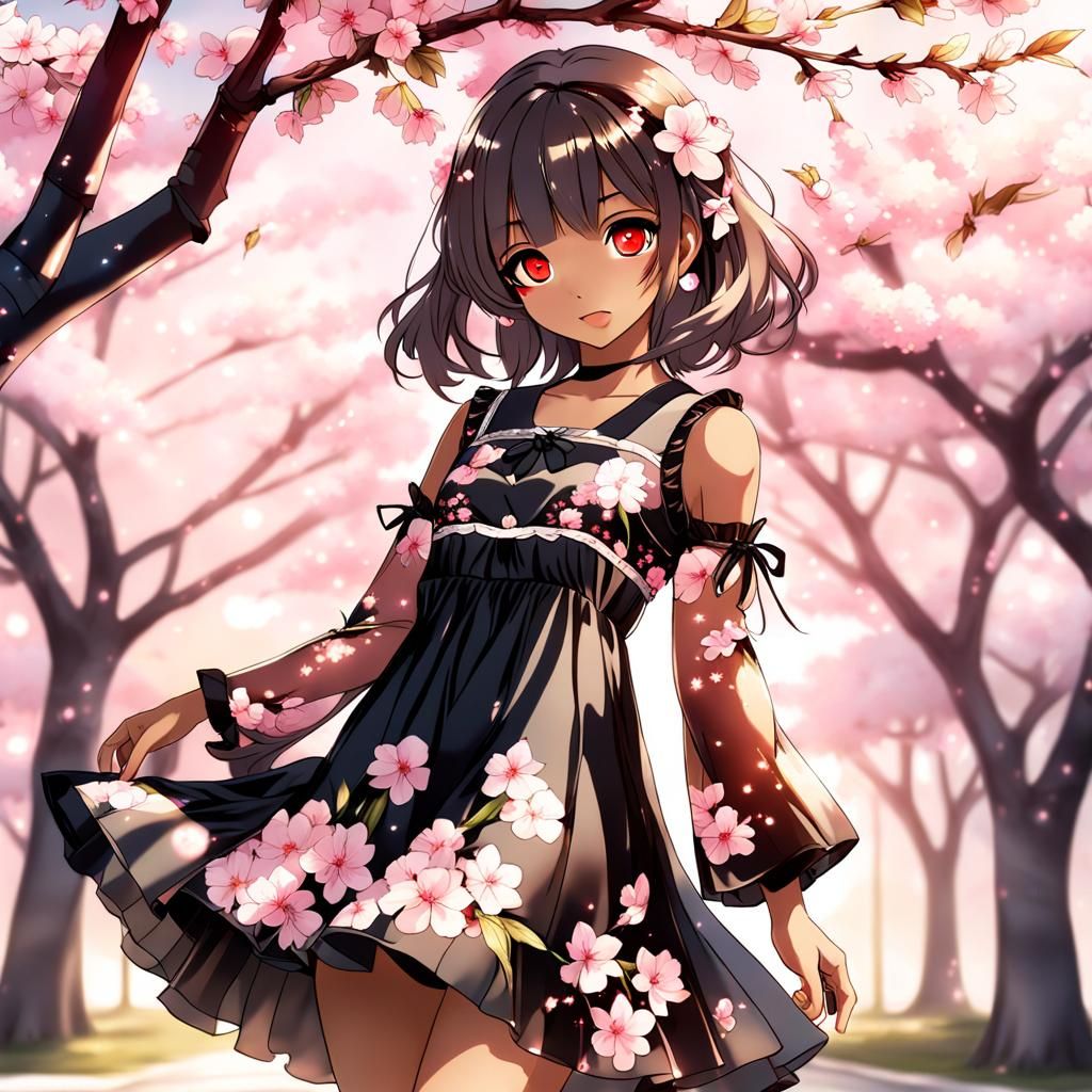 Anime Girl in Floral Dress Under Cherry Blossoms