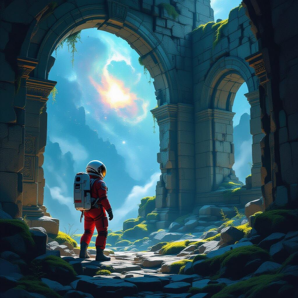 Astronaut Explores Ancient Ruins Under Nebula Glow