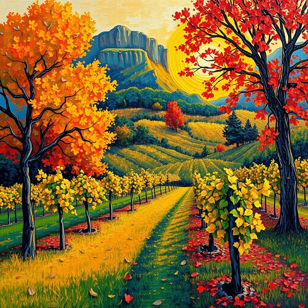 Vibrant Autumn Vineyard Landscape in Neo-Impressionist Style