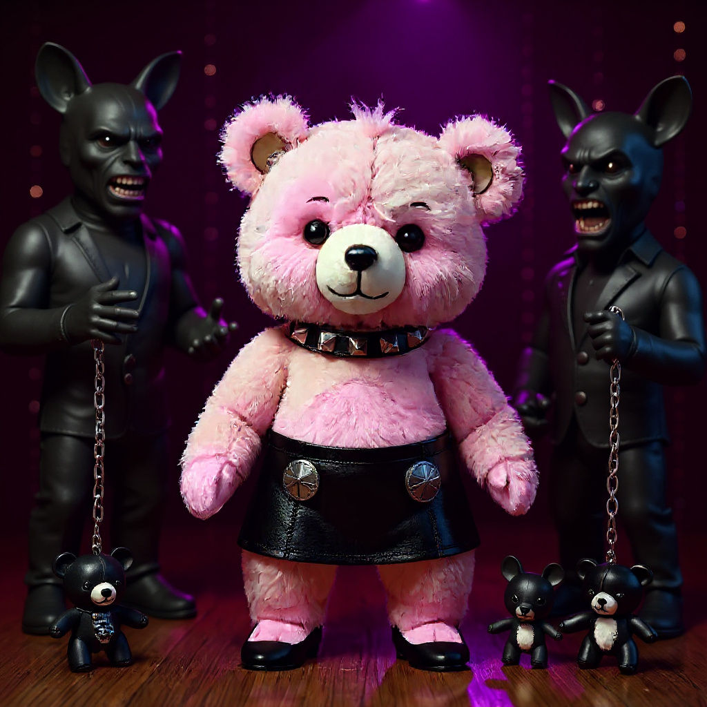 Pastel Teddy Bears in Leather: A Satirical Scene