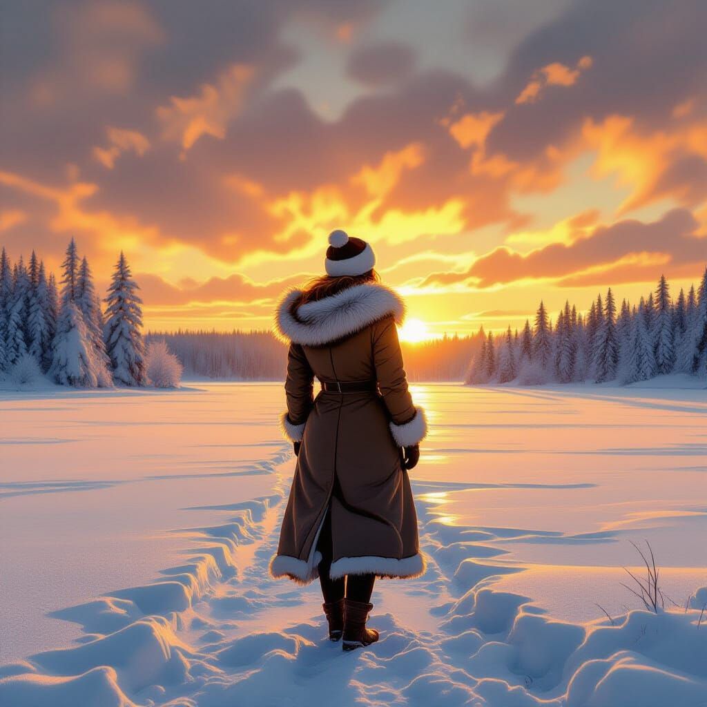 Woman on Frozen Lake in Dramatic Lighting