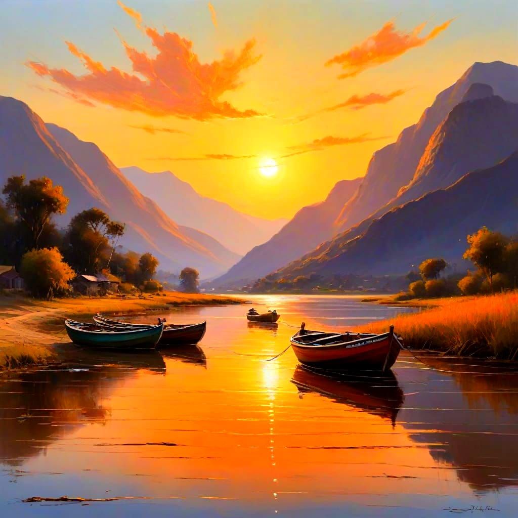 Vibrant Sunset Over a Serene River Landscape in a Warm Color...