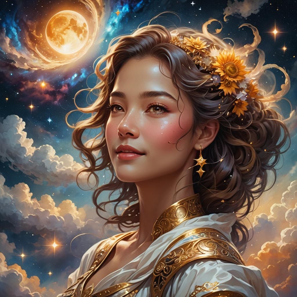 Ethereal Woman Portrait with Moon and Sun
