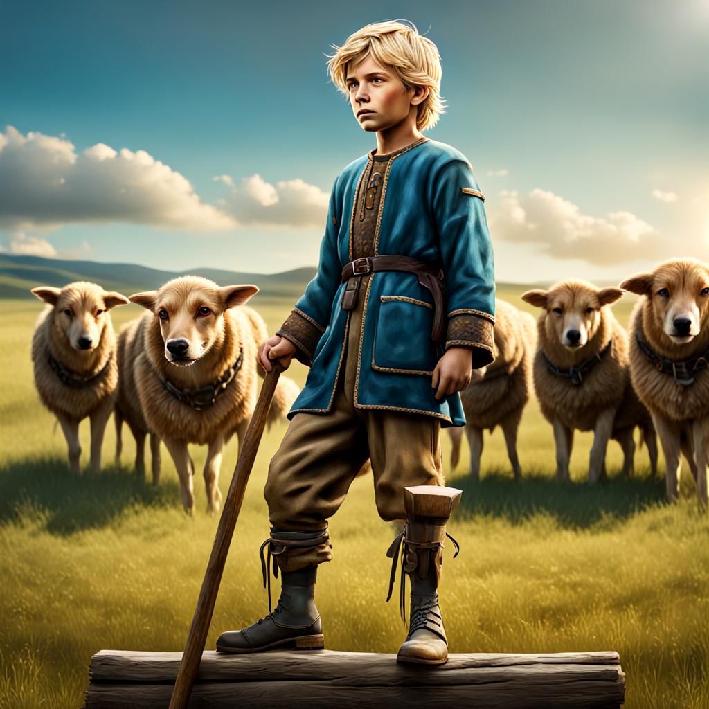 Boy in Shepherd Clothing on Stilts, Hyperrealistic Art
