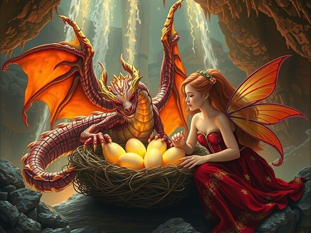 Dragon Guardian with Fairy Attendant in Majestic Cavern Scen...