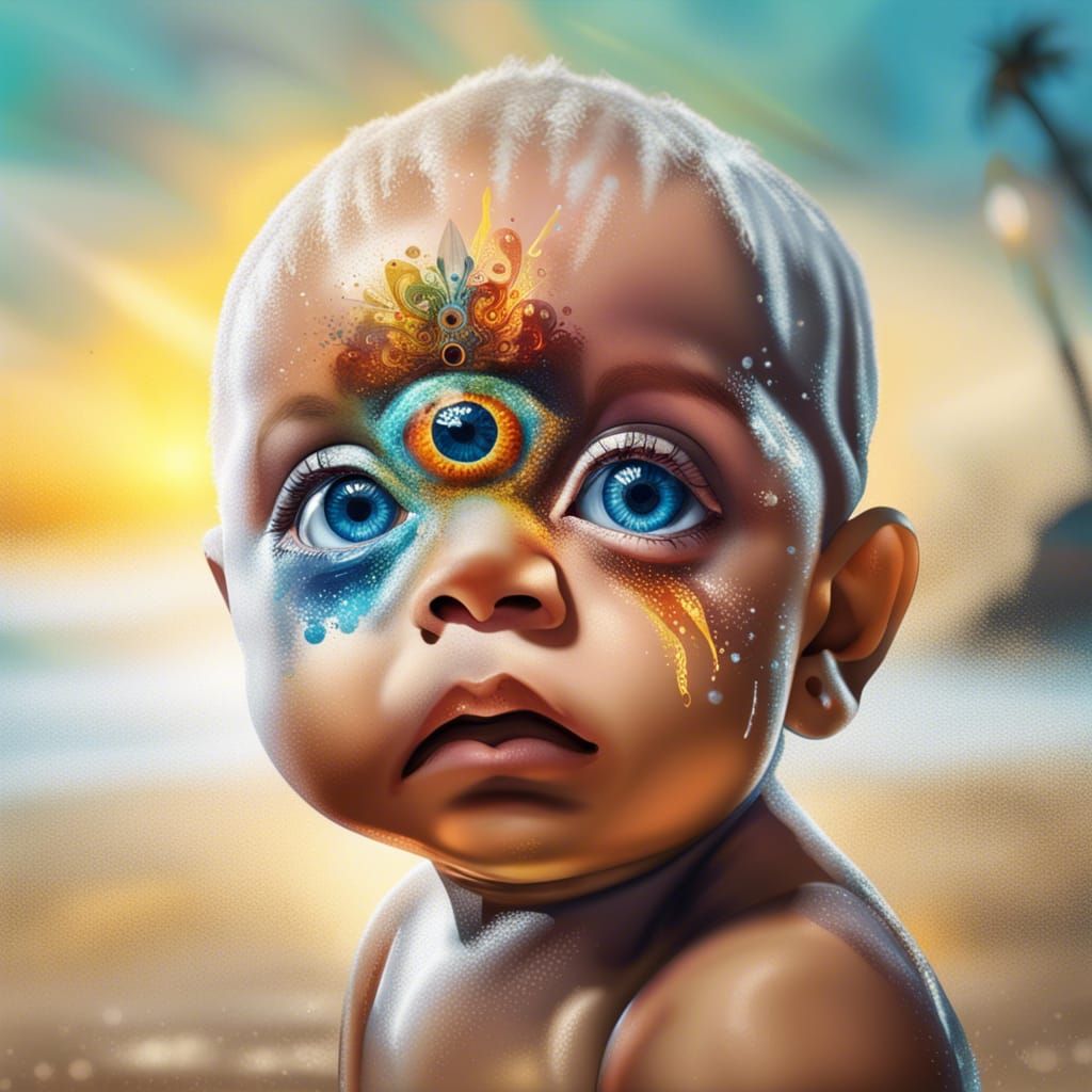 Hyperrealistic Third Eye Baby on Beach: Splash Art