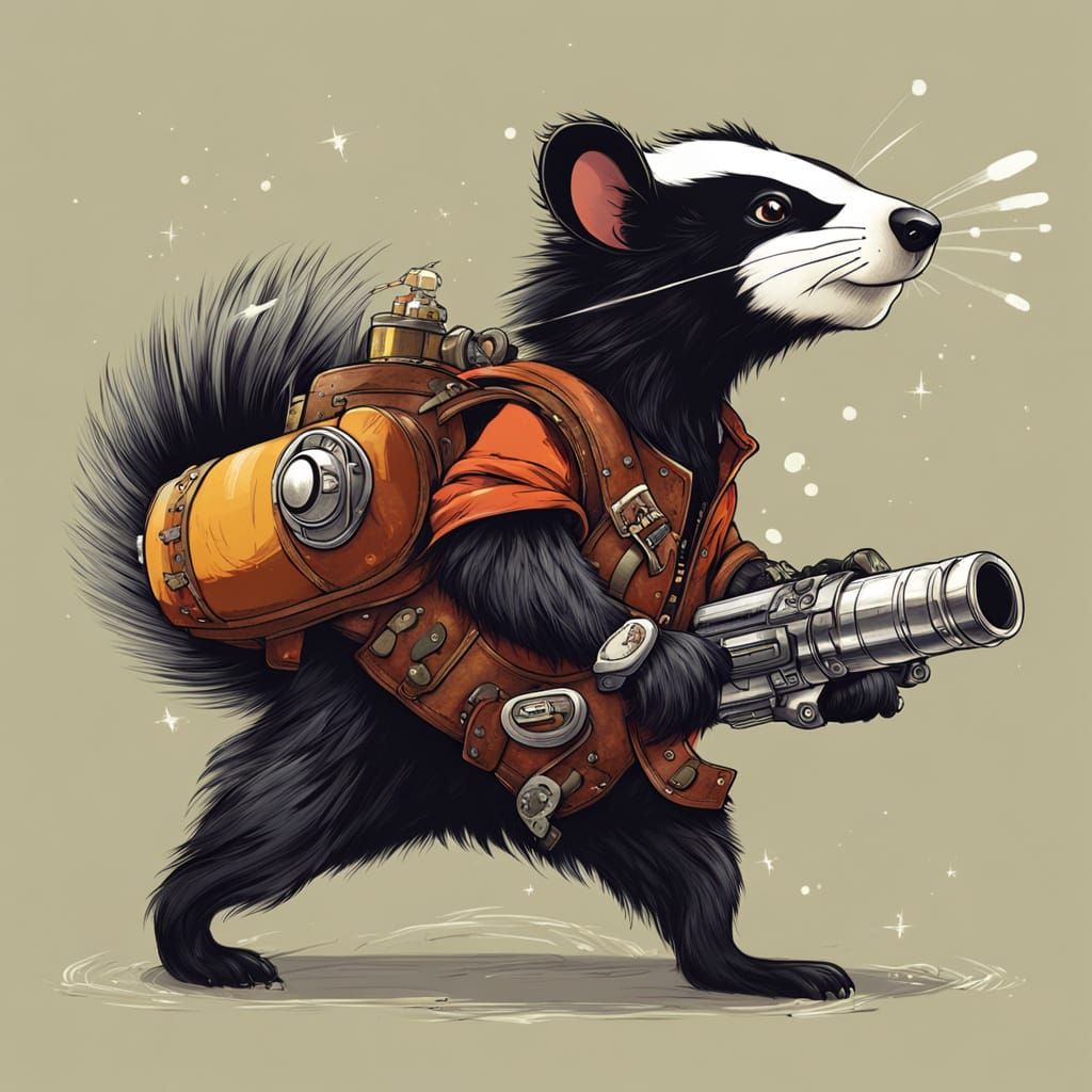 Steampunk Skunk Soaring High with Rocket Pack