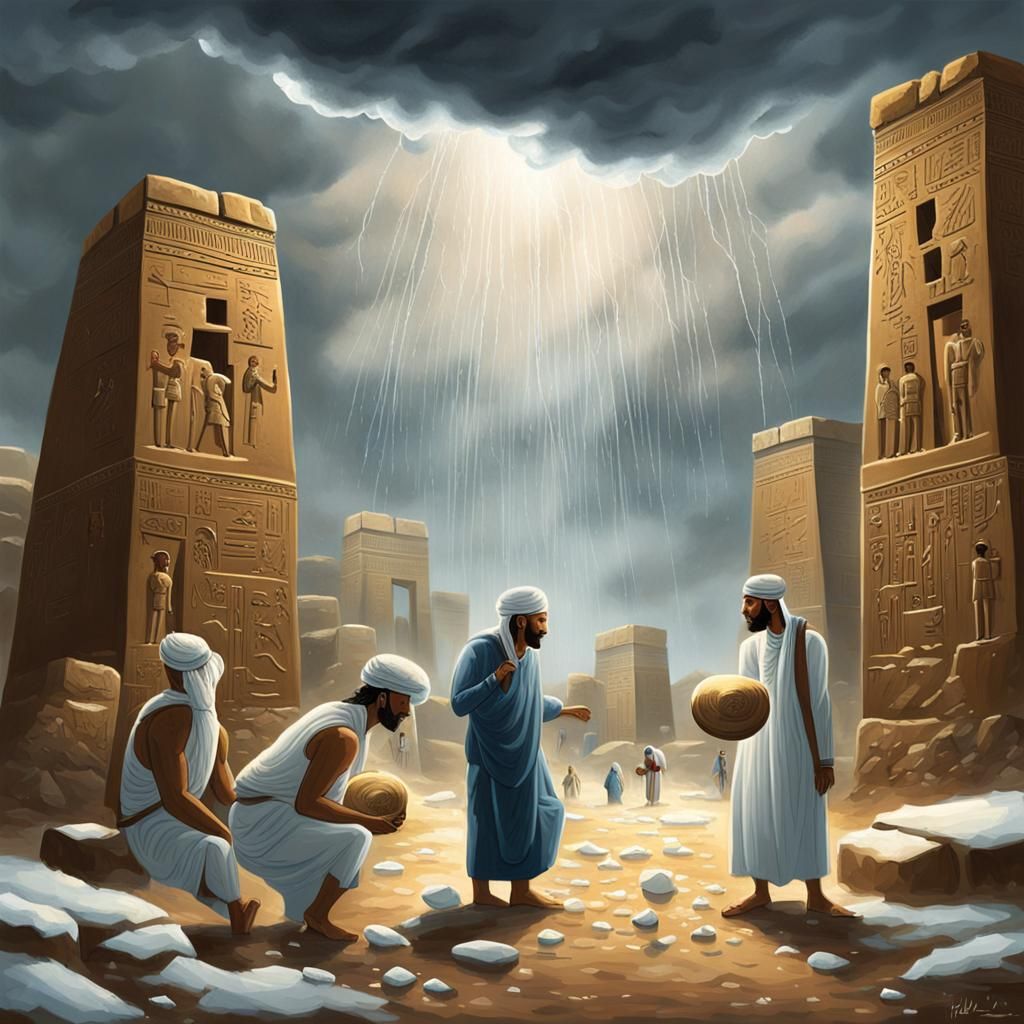 Surreal Hailstorm in Ancient Egypt Painting