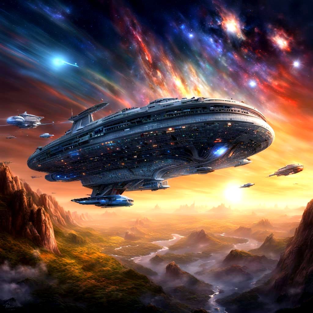 Starship at Warp Speed Through Twinkling Stars