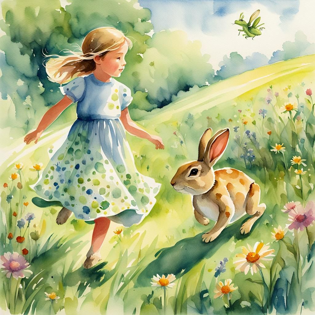Child Leads Animals Through Meadow in Watercolor Style