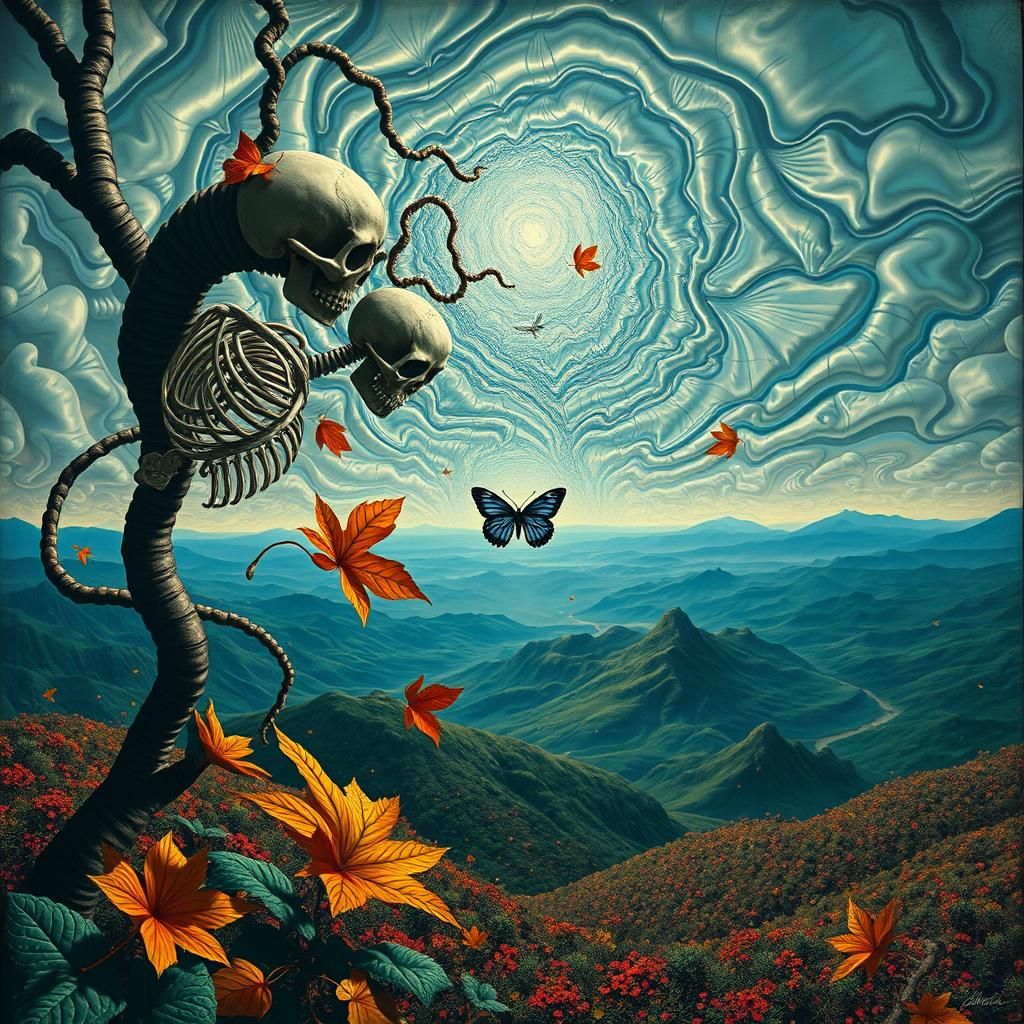 Surreal Landscape with Elastic Flora and Metallic Sky