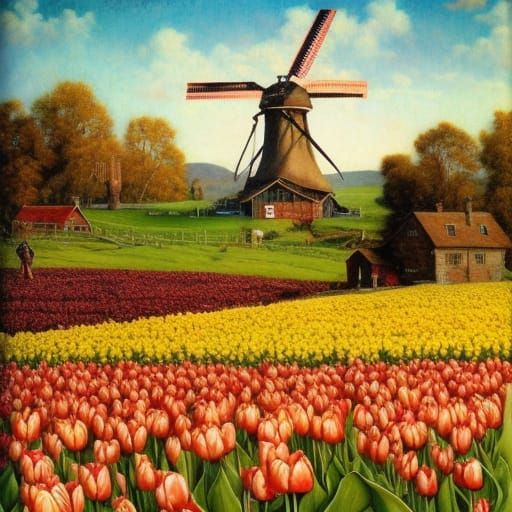 Windmills and Tulips in Surrealist Style