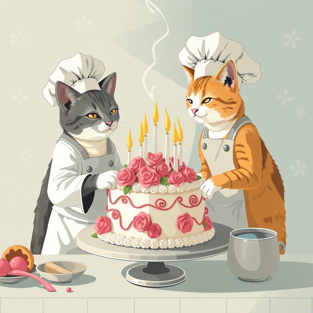graphic art .cats-cooks prepare a beautiful cake