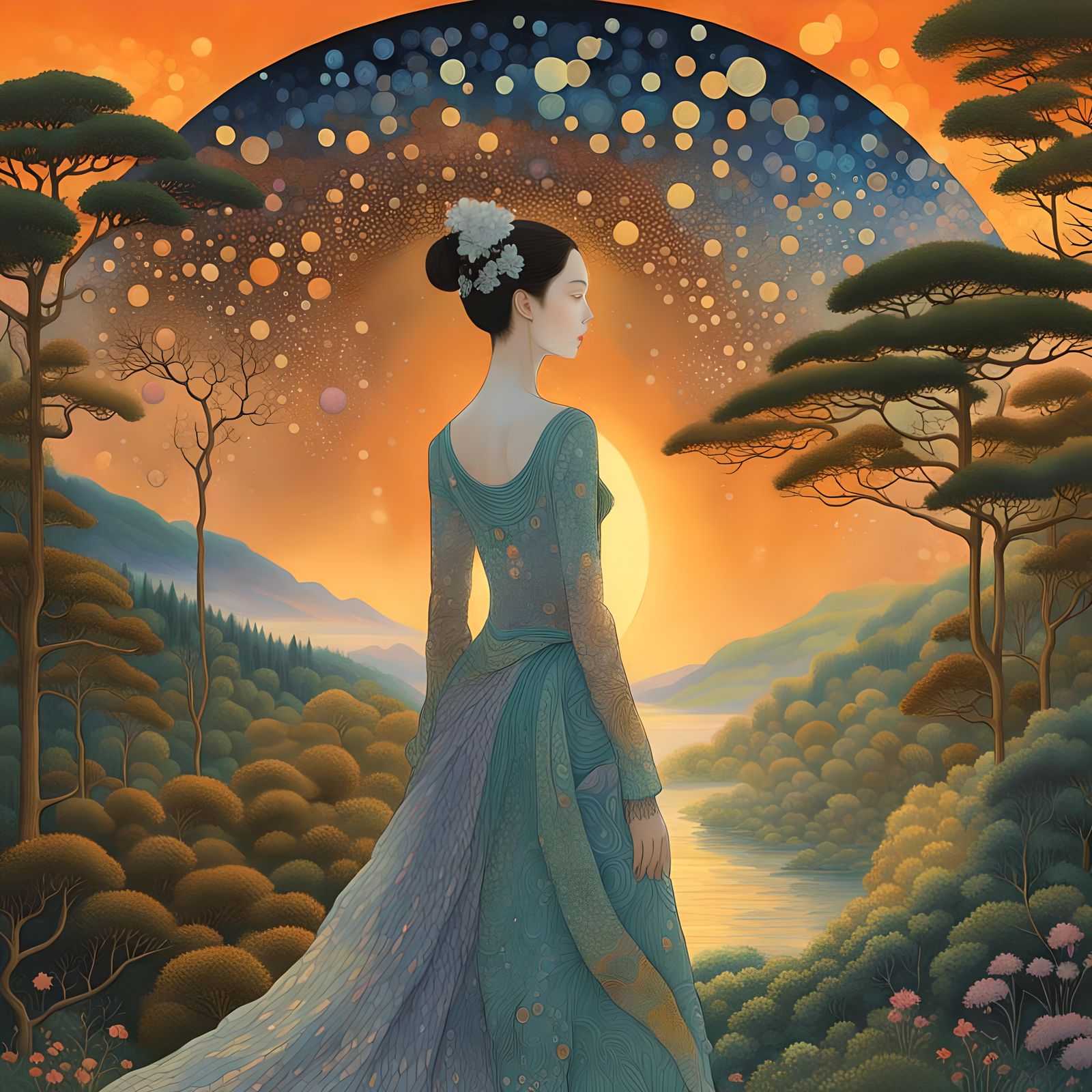 Sunset-Hybrid Woman in Magical Forest, Art Nouveau Style