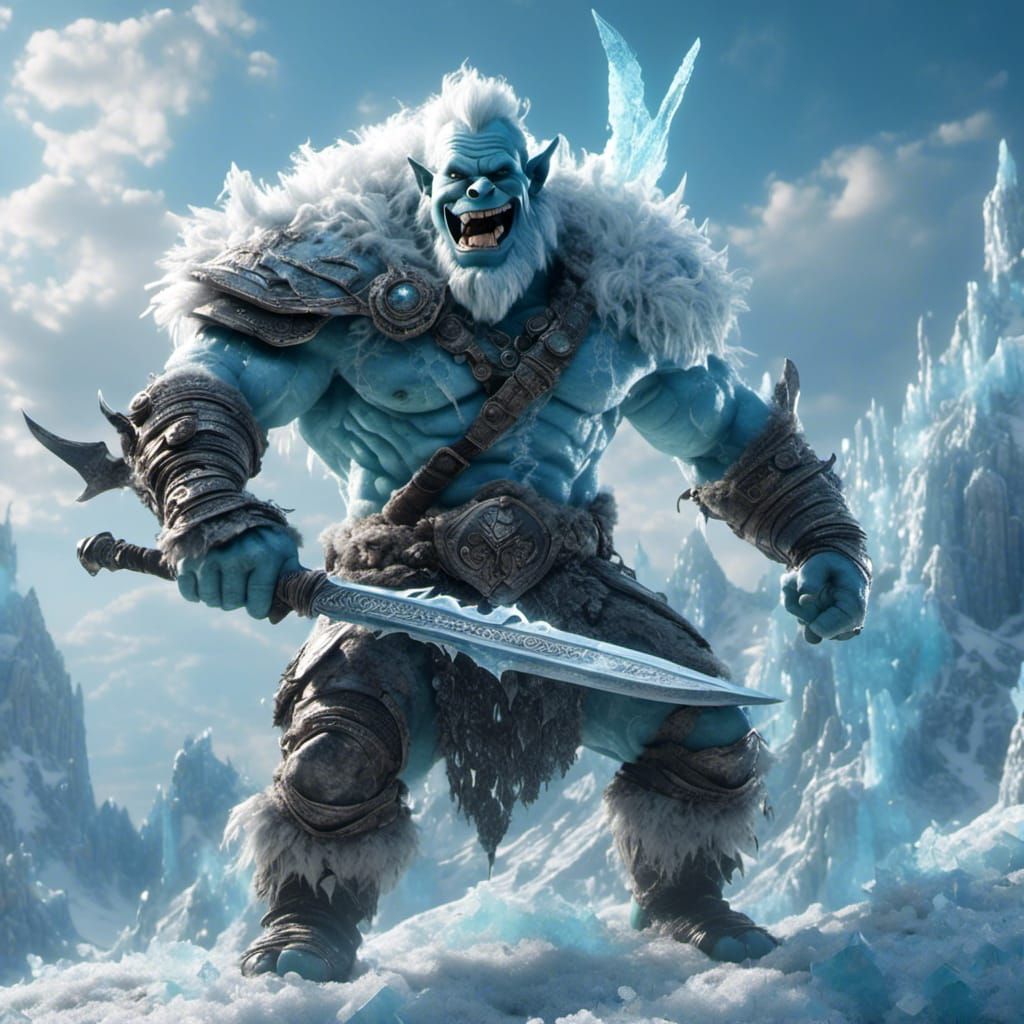 Icy Orc Warrior with Dagger in Pastel Sky