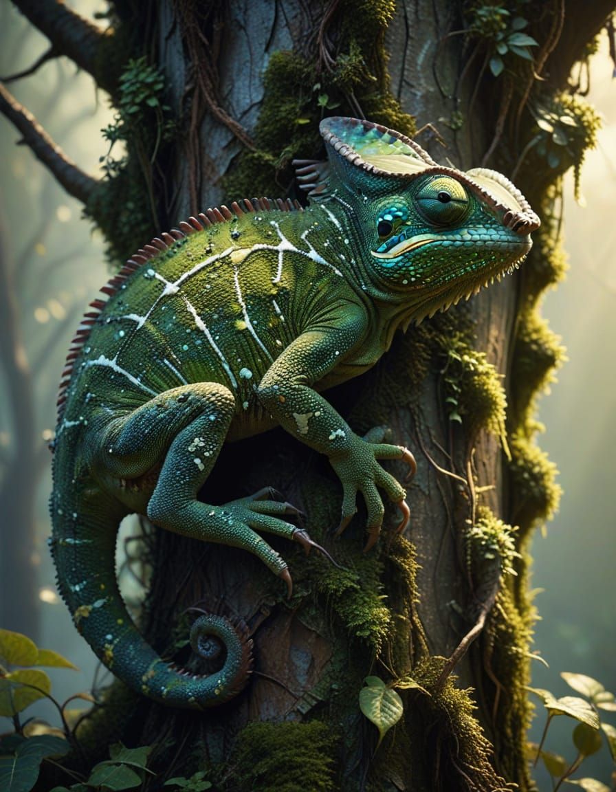 Green Chameleon Camouflaged on Mossy Trunk at Sunset